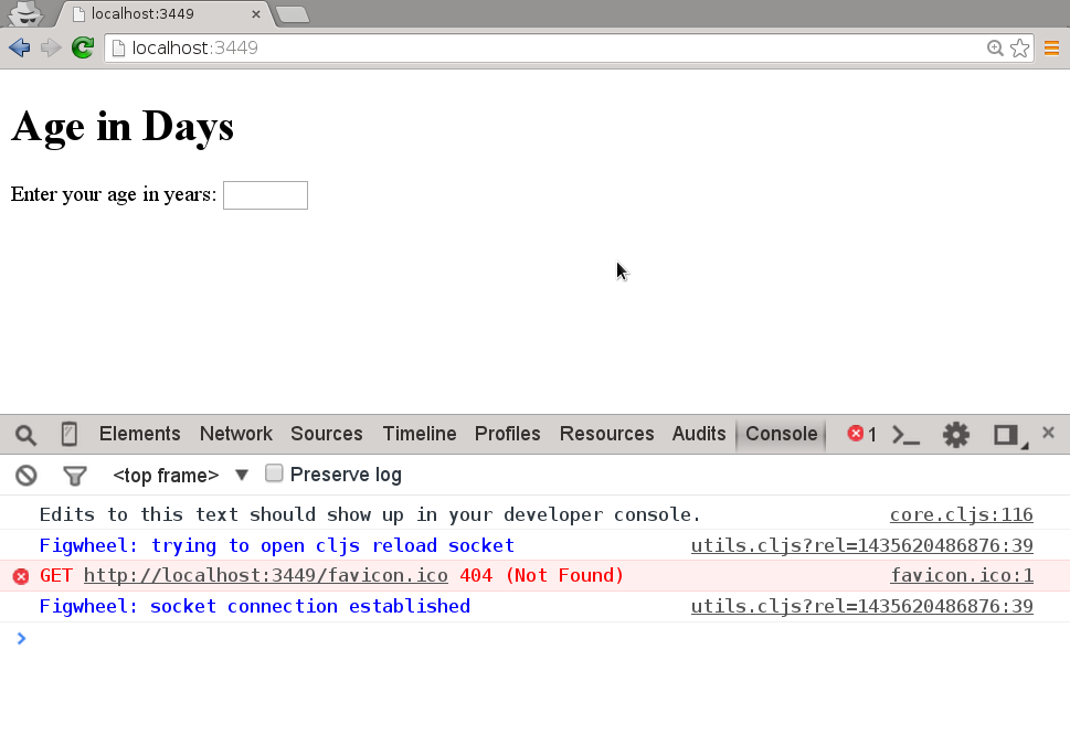 Screenshot of web page and console